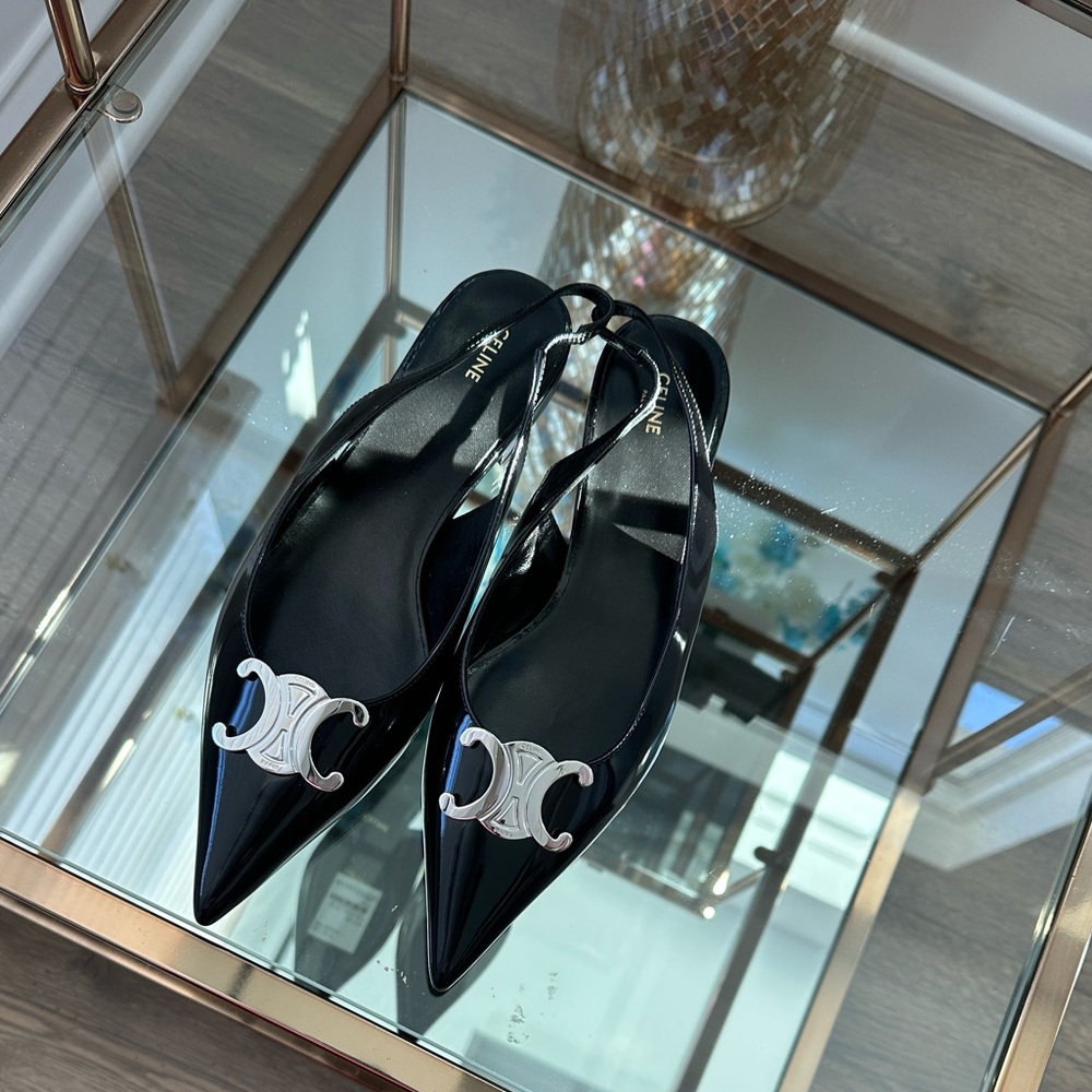 Authentic Celine Black Patent Leather Flats with Silver Accents - Picture 7 of 16